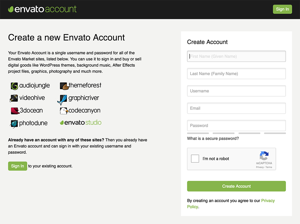 Existing sign-up process